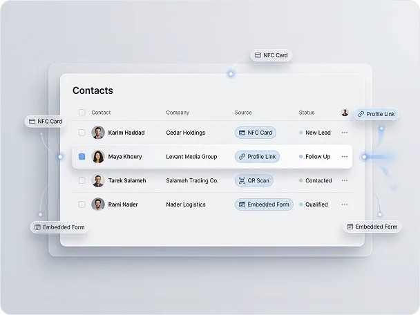 Centralized Bl1nk workspace listing every captured contact with the rep, location, and event tagged on each row.