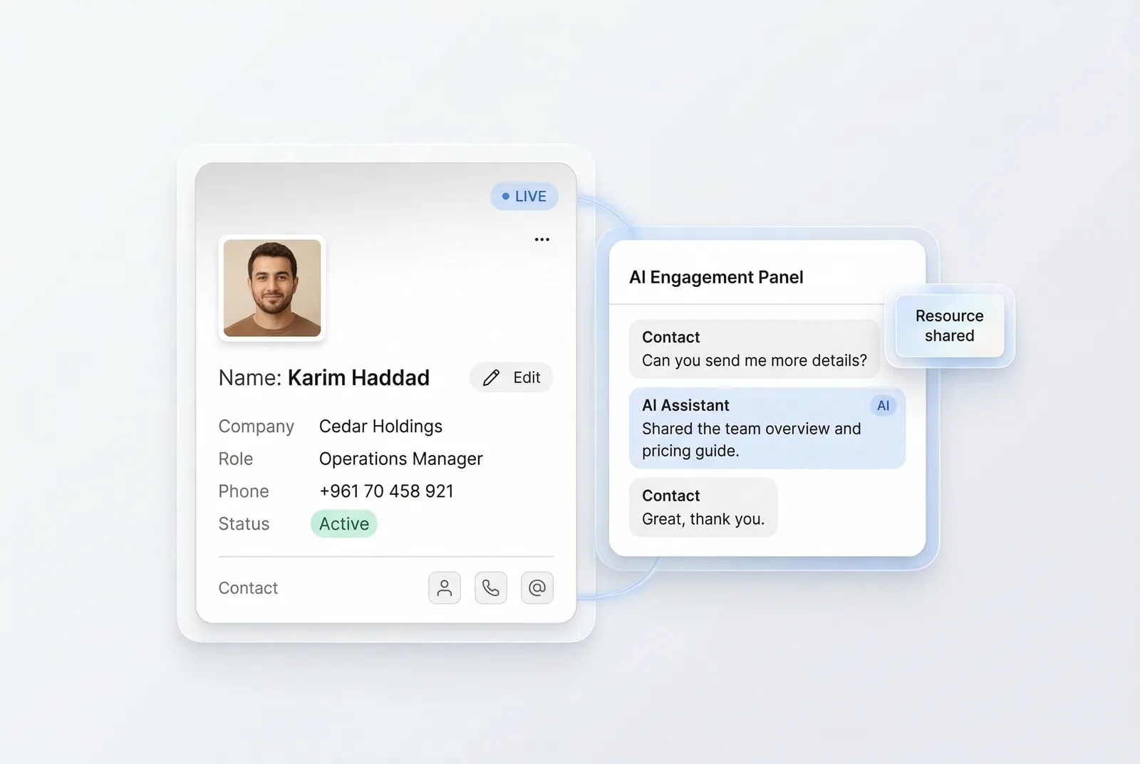 Bl1nk engagement view: timeline of profile opens, link clicks, and last-seen activity for a prospect after first contact.